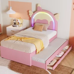 Okwish Lit gigogne 90x200 cm - Lit simple enfant avec lit gigogne - PU + MDF - Sans matelas - Rose Discount