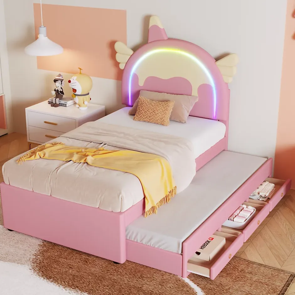 Okwish Lit gigogne 90x200 cm - Lit simple enfant avec lit gigogne - PU + MDF - Sans matelas - Rose Discount