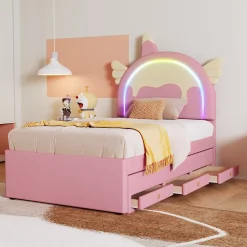 Okwish Lit gigogne 90x200 cm - Lit simple enfant avec lit gigogne - PU + MDF - Sans matelas - Rose Discount
