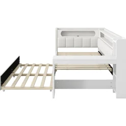 Okwish Lit gigogne 90x200 cm - Lit simple avec port USB et bande LED - Bois - Sans matelas - Blanc New