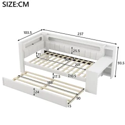 Okwish Lit gigogne 90x200 cm - Lit simple avec port USB et bande LED - Bois - Sans matelas - Blanc New