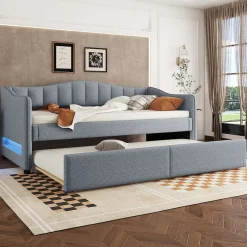 Okwish Lit gigogne 90x200 cm - Lit simple avec lit tiroir et sommier à lattes - Lin + MDF - Sans matelas - Gris