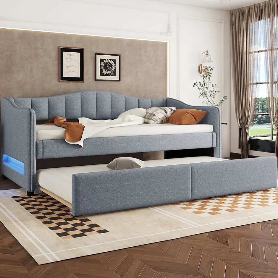 Okwish Lit gigogne 90x200 cm - Lit simple avec lit tiroir et sommier à lattes - Lin + MDF - Sans matelas - Gris