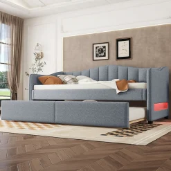 Okwish Lit gigogne 90x200 cm - Lit simple avec lit tiroir et sommier à lattes - Lin + MDF - Sans matelas - Gris