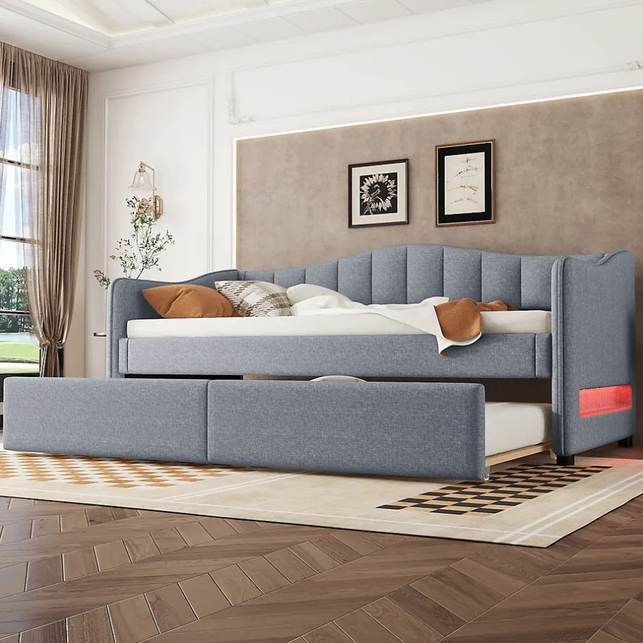 Okwish Lit gigogne 90x200 cm - Lit simple avec lit tiroir et sommier à lattes - Lin + MDF - Sans matelas - Gris