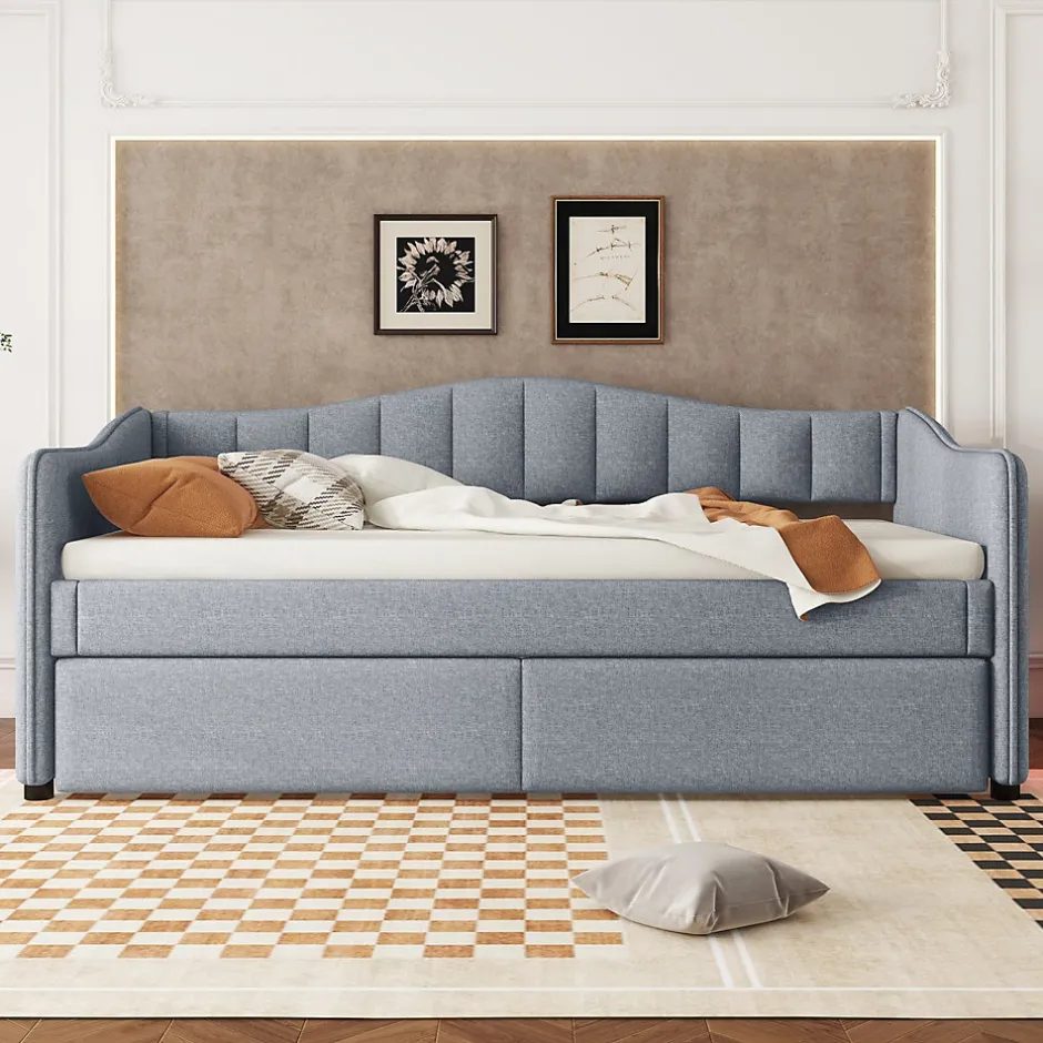 Okwish Lit gigogne 90x200 cm - Lit simple avec lit tiroir et sommier à lattes - Lin + MDF - Sans matelas - Gris