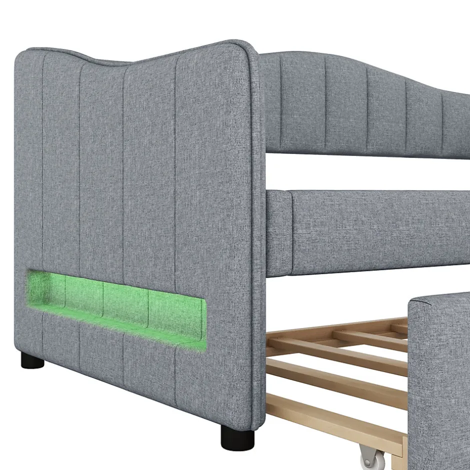 Okwish Lit gigogne 90x200 cm - Lit simple avec lit tiroir et sommier à lattes - Lin + MDF - Sans matelas - Gris