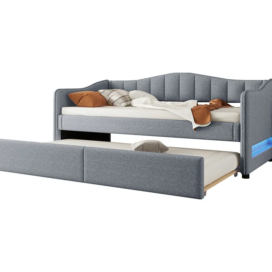 Okwish Lit gigogne 90x200 cm - Lit simple avec lit tiroir et sommier à lattes - Lin + MDF - Sans matelas - Gris