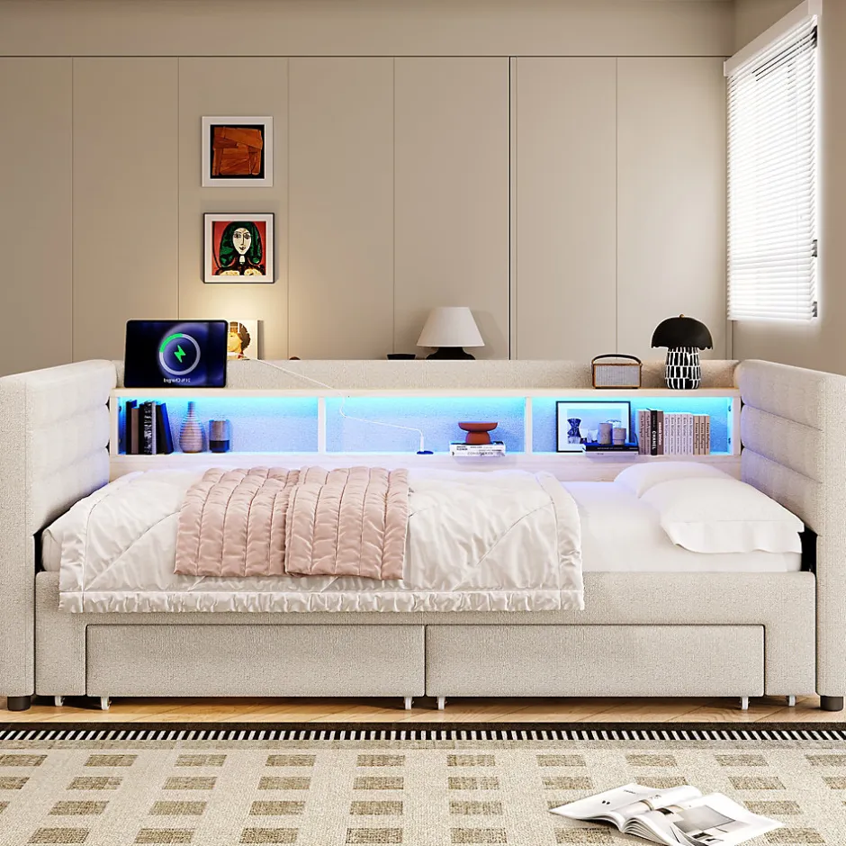 Okwish Lit Gigogne 90x190 cm - Lit Simple avec 2 Tiroirs et Étagères - LED et Ports USB Intégrés - Multifonction en Velours Beige