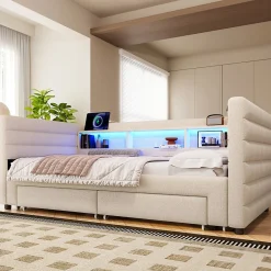 Okwish Lit Gigogne 90x190 cm - Lit Simple avec 2 Tiroirs et Étagères - LED et Ports USB Intégrés - Multifonction en Velours Beige