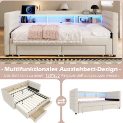 Okwish Lit Gigogne 90x190 cm - Lit Simple avec 2 Tiroirs et Étagères - LED et Ports USB Intégrés - Multifonction en Velours Beige