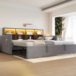Okwish Lit Gigogne 90x190 cm - Lit Simple Capitonné avec Ports USB+Type-C, Enfant et Ado - Velours, Métal, MDF, Gris Foncé- sans Matelas