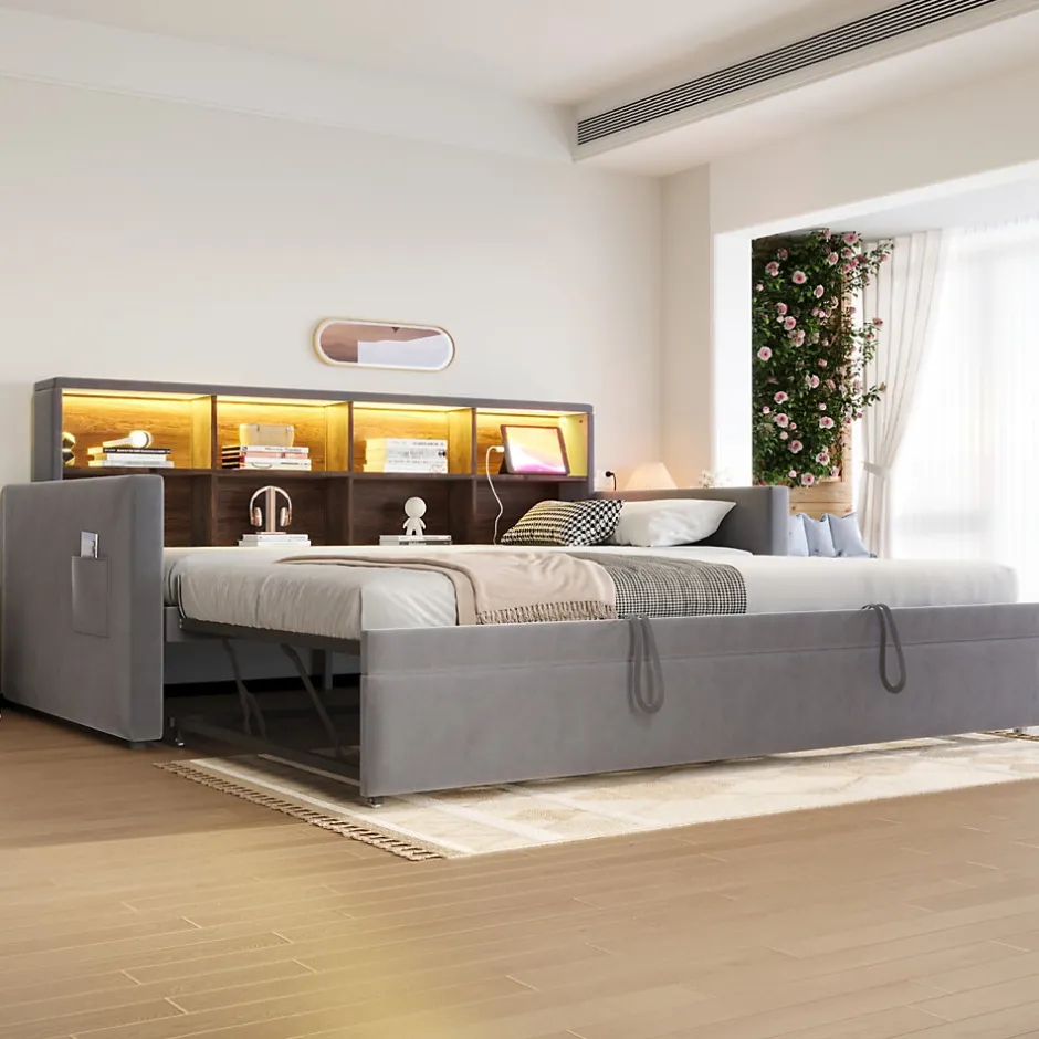 Okwish Lit Gigogne 90x190 cm - Lit Simple Capitonné avec Ports USB+Type-C, Enfant et Ado - Velours, Métal, MDF, Gris Foncé- sans Matelas