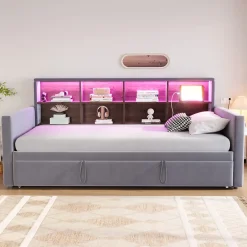 Okwish Lit Gigogne 90x190 cm - Lit Simple Capitonné avec Ports USB+Type-C, Enfant et Ado - Velours, Métal, MDF, Gris Foncé- sans Matelas
