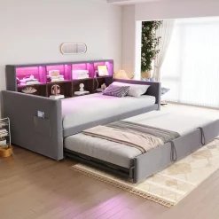 Okwish Lit Gigogne 90x190 cm - Lit Simple Capitonné avec Ports USB+Type-C, Enfant et Ado - Velours, Métal, MDF, Gris Foncé- sans Matelas