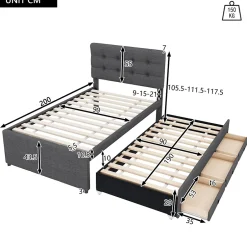 Okwish Lit Gigogne 90x200 cm - Lit Simple avec 3 Tiroirs de Rangement et Tête de Lit Réglable, Rembourré en Tissu Lin, sans Matelas, Gris Hot