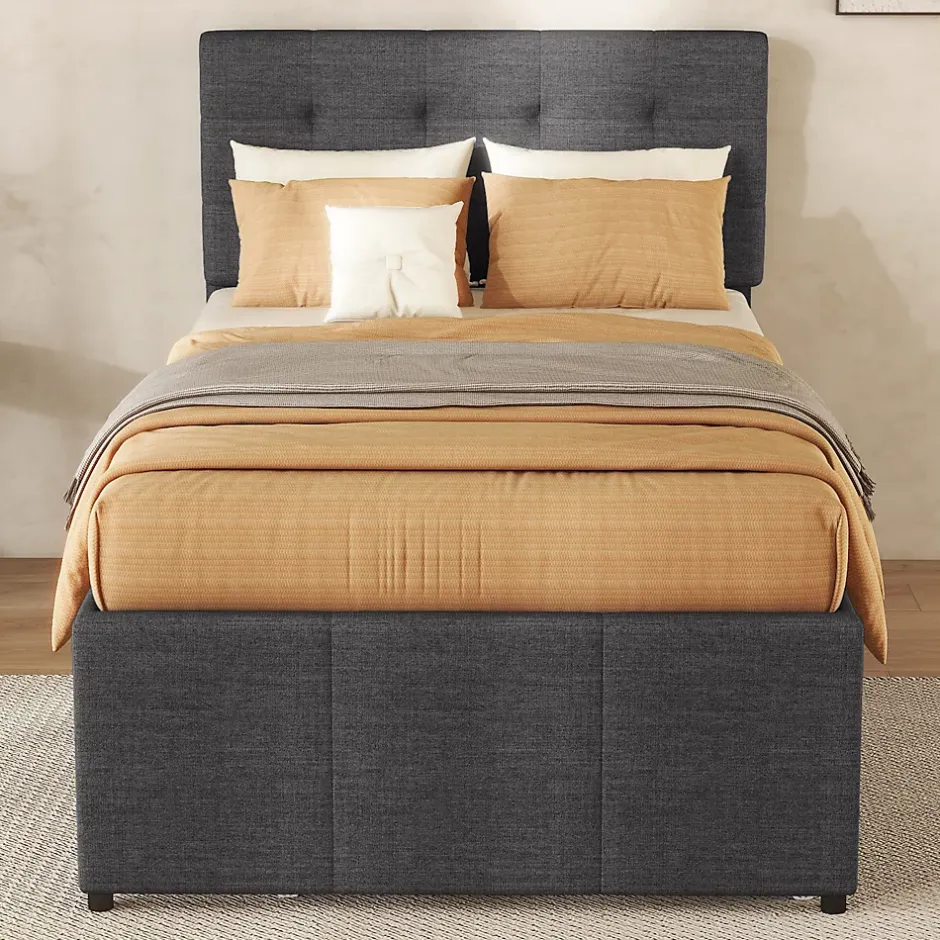 Okwish Lit Gigogne 90x200 cm - Lit Simple avec 3 Tiroirs de Rangement et Tête de Lit Réglable, Rembourré en Tissu Lin, sans Matelas, Gris Hot