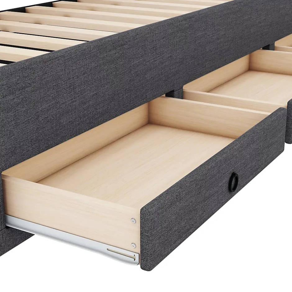 Okwish Lit Gigogne 90x200 cm - Lit Simple avec 3 Tiroirs de Rangement et Tête de Lit Réglable, Rembourré en Tissu Lin, sans Matelas, Gris Hot