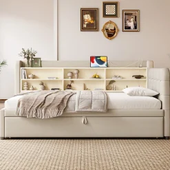 Okwish Lit Gigogne 90x200 cm - Lit Simple avec Rangement et Lit Gigogne Intégré, Ports USB et Type-C, Lin Beige New