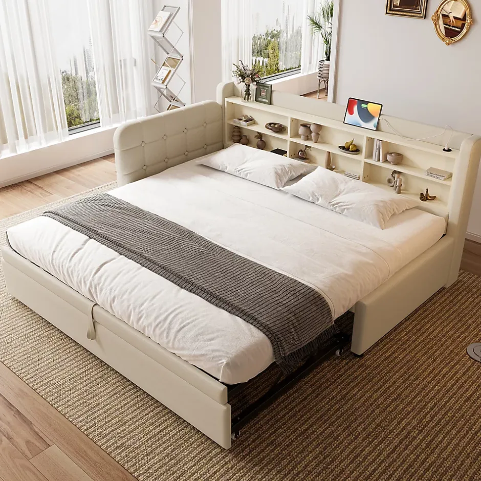 Okwish Lit Gigogne 90x200 cm - Lit Simple avec Rangement et Lit Gigogne Intégré, Ports USB et Type-C, Lin Beige New
