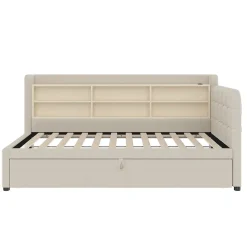 Okwish Lit Gigogne 90x200 cm - Lit Simple avec Rangement et Lit Gigogne Intégré, Ports USB et Type-C, Lin Beige New