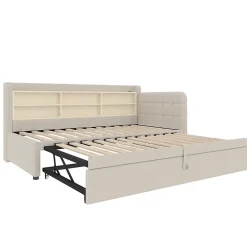 Okwish Lit Gigogne 90x200 cm - Lit Simple avec Rangement et Lit Gigogne Intégré, Ports USB et Type-C, Lin Beige New