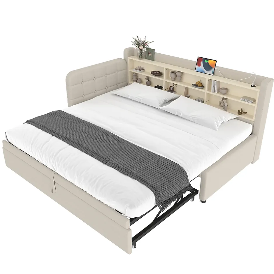 Okwish Lit Gigogne 90x200 cm - Lit Simple avec Rangement et Lit Gigogne Intégré, Ports USB et Type-C, Lin Beige New