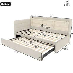 Okwish Lit Gigogne 90x200 cm - Lit Simple avec Rangement et Lit Gigogne Intégré, Ports USB et Type-C, Lin Beige New
