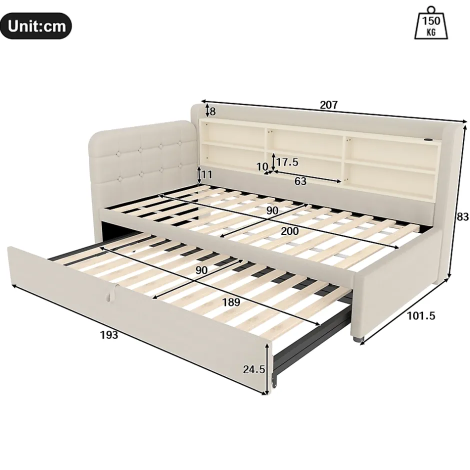 Okwish Lit Gigogne 90x200 cm - Lit Simple avec Rangement et Lit Gigogne Intégré, Ports USB et Type-C, Lin Beige New