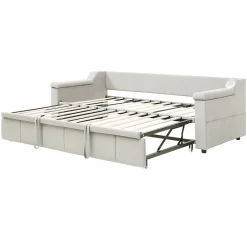 Okwish Lit Gigogne 90/180x190 cm - Lit Simple avec Rangement et Accoudoirs Larges, Système Bluetooth USB, Velours Beige Sale