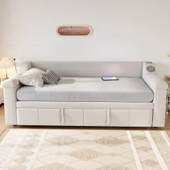 Okwish Lit Gigogne 90/180x190 cm - Lit Simple avec Rangement et Accoudoirs Larges, Système Bluetooth USB, Velours Beige Sale