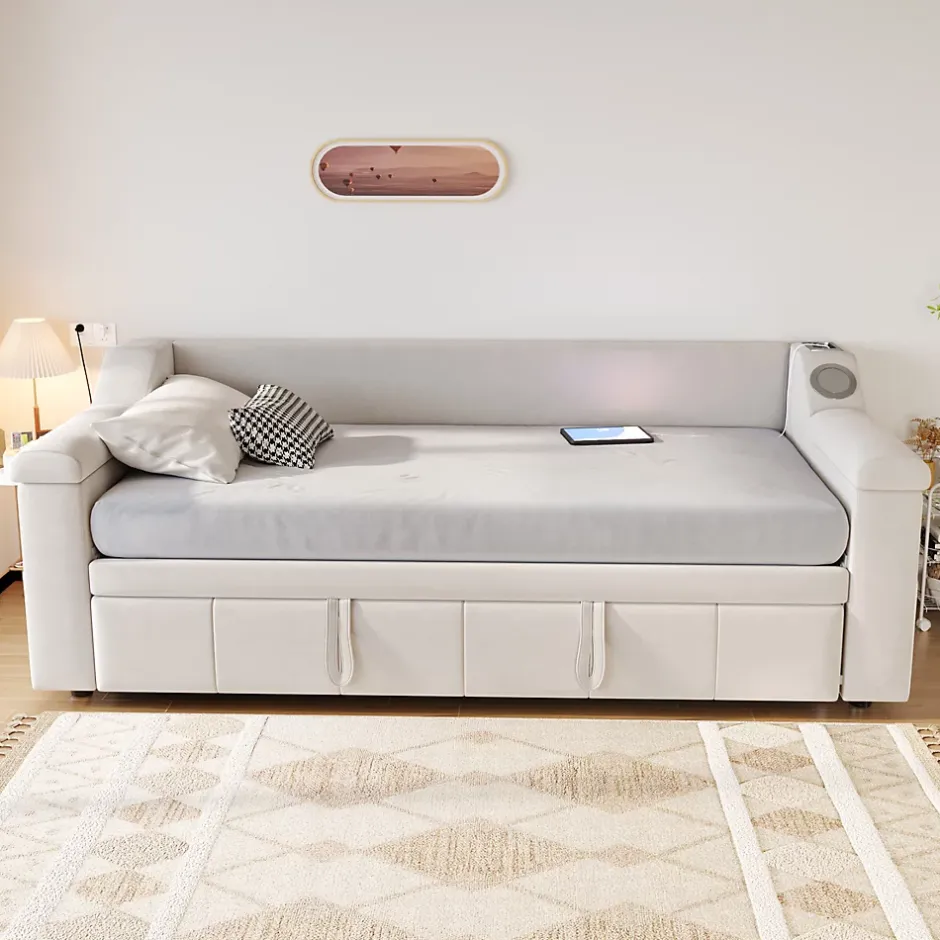 Okwish Lit Gigogne 90/180x190 cm - Lit Simple avec Rangement et Accoudoirs Larges, Système Bluetooth USB, Velours Beige Sale