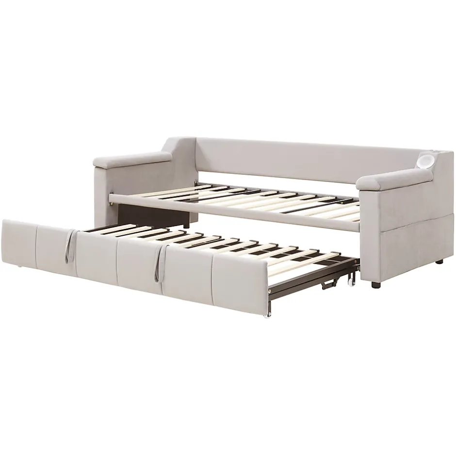 Okwish Lit Gigogne 90/180x190 cm - Lit Simple avec Rangement et Accoudoirs Larges, Système Bluetooth USB, Velours Beige Sale