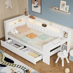 Okwish Lit gigogne 90x200 cm - Lit simple avec port USB et bande LED - Bois - Sans matelas - Blanc