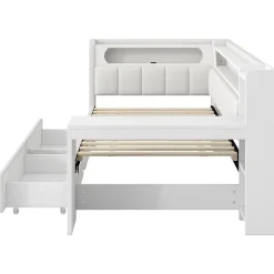 Okwish Lit gigogne 90x200 cm - Lit simple avec port USB et bande LED - Bois - Sans matelas - Blanc