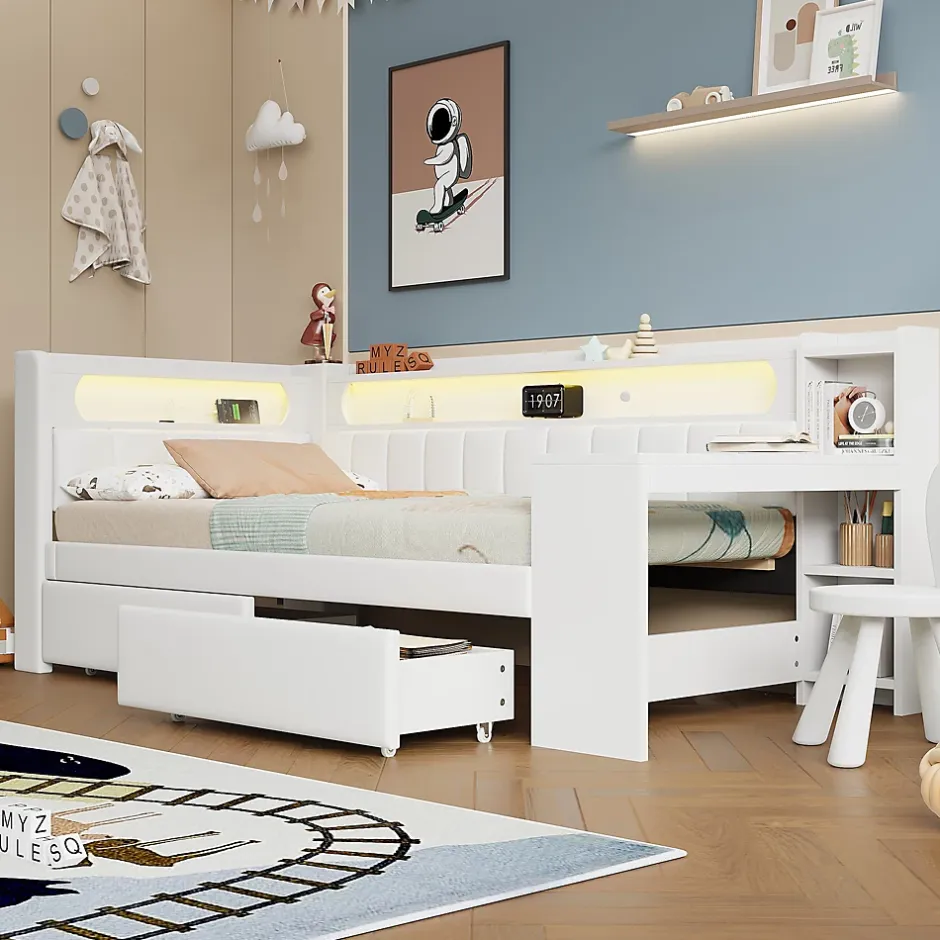 Okwish Lit gigogne 90x200 cm - Lit simple avec port USB et bande LED - Bois - Sans matelas - Blanc