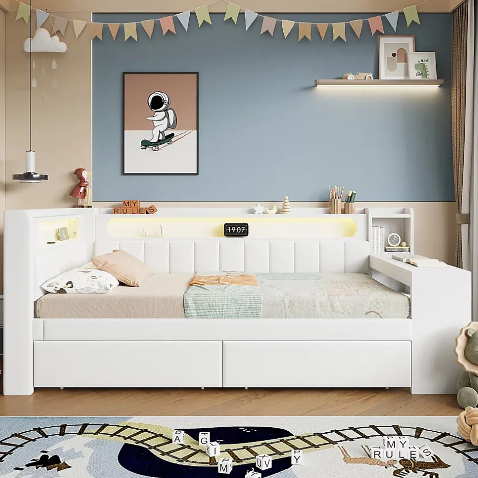 Okwish Lit gigogne 90x200 cm - Lit simple avec port USB et bande LED - Bois - Sans matelas - Blanc