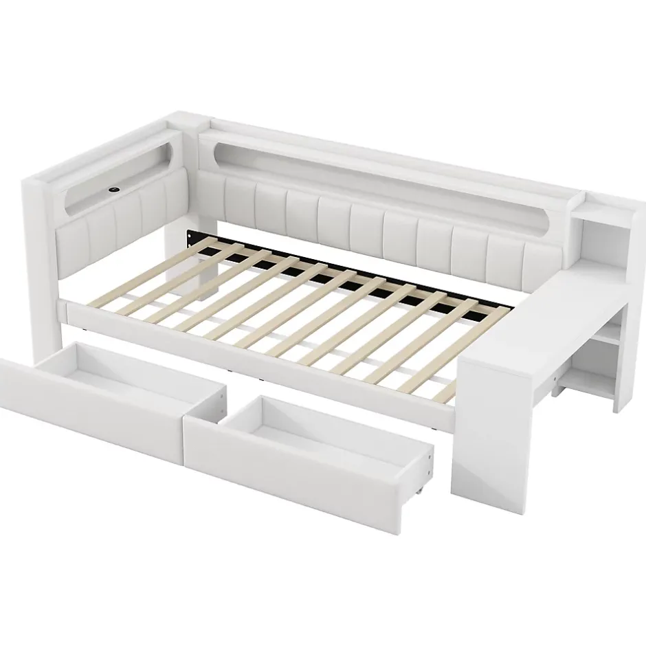 Okwish Lit gigogne 90x200 cm - Lit simple avec port USB et bande LED - Bois - Sans matelas - Blanc
