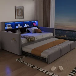 Okwish Lit Gigogne 90x190 cm - Lit Simple Capitonné avec Ports USB+Type-C, Enfant et Ado - Velours, Métal, MDF, Gris Clair - sans Matelas Outlet