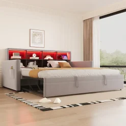 Okwish Lit Gigogne 90x190 cm - Lit Simple Capitonné avec Ports USB+Type-C, Enfant et Ado - Velours, Métal, MDF, Gris Clair - sans Matelas Outlet
