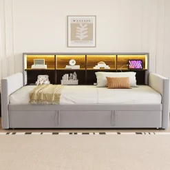 Okwish Lit Gigogne 90x190 cm - Lit Simple Capitonné avec Ports USB+Type-C, Enfant et Ado - Velours, Métal, MDF, Gris Clair - sans Matelas Outlet