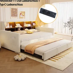 Okwish Lit Gigogne 90x190 cm - Lit Simple Capitonné avec Ports USB+Type-C pour Enfant et Ado - Velours, Métal, MDF, Beige - sans Matelas Outlet