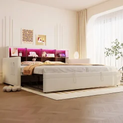 Okwish Lit Gigogne 90x190 cm - Lit Simple Capitonné avec Ports USB+Type-C pour Enfant et Ado - Velours, Métal, MDF, Beige - sans Matelas Outlet