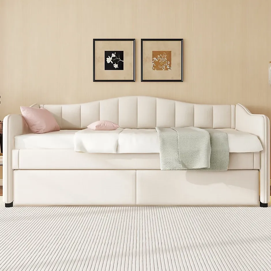 Okwish Lit gigogne 90x200 cm - Lit simple avec lit tiroir et sommier à lattes - Lin + MDF - Sans matelas - Beige Outlet