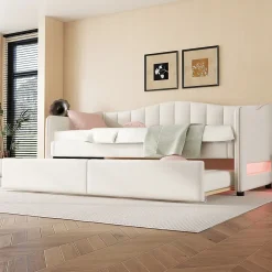 Okwish Lit gigogne 90x200 cm - Lit simple avec lit tiroir et sommier à lattes - Lin + MDF - Sans matelas - Beige Outlet
