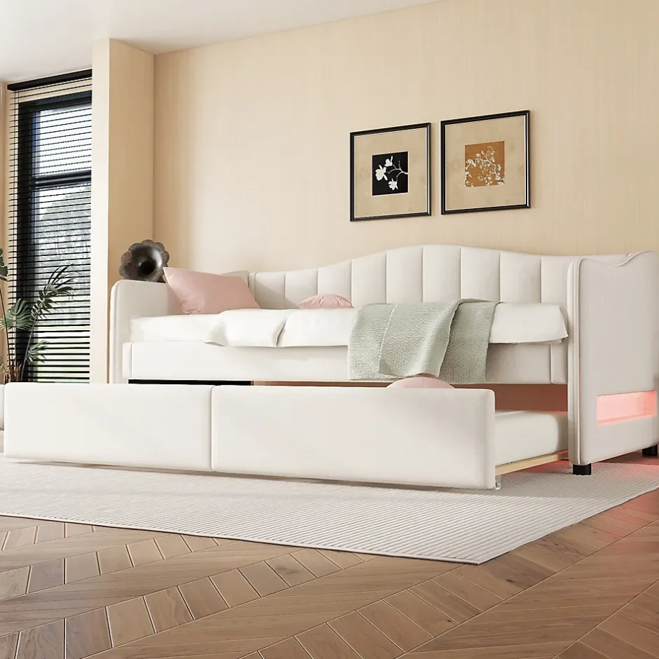 Okwish Lit gigogne 90x200 cm - Lit simple avec lit tiroir et sommier à lattes - Lin + MDF - Sans matelas - Beige Outlet