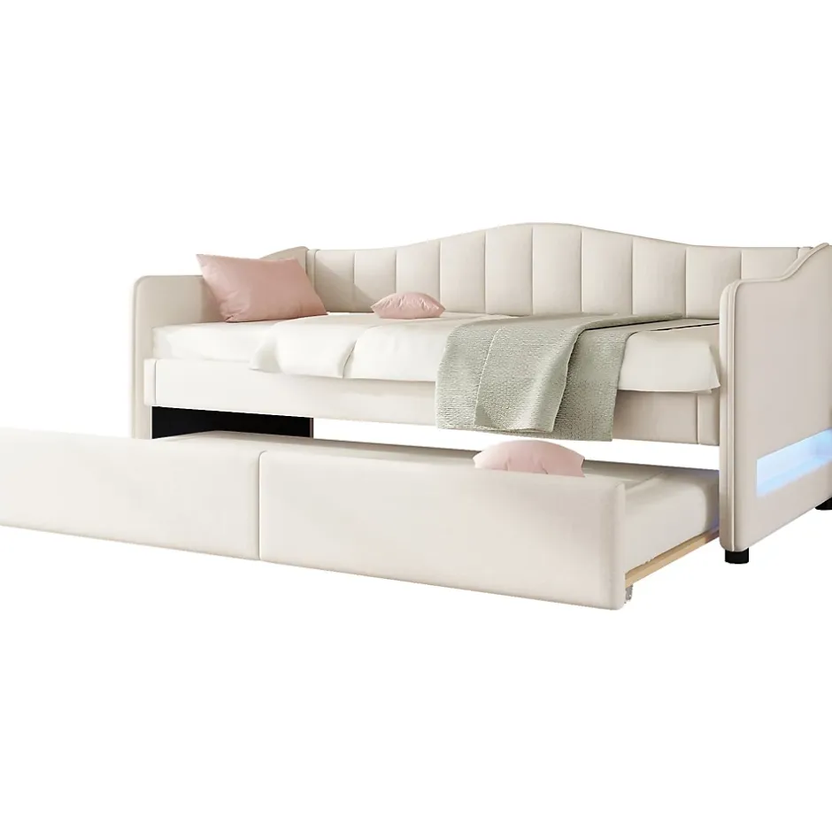 Okwish Lit gigogne 90x200 cm - Lit simple avec lit tiroir et sommier à lattes - Lin + MDF - Sans matelas - Beige Outlet