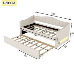 Okwish Lit gigogne 90x200 cm - Lit simple avec lit tiroir et sommier à lattes - Lin + MDF - Sans matelas - Beige Outlet