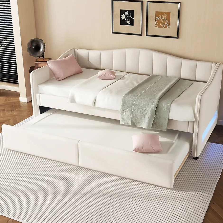 Okwish Lit gigogne 90x200 cm - Lit simple avec lit tiroir et sommier à lattes - Lin + MDF - Sans matelas - Beige Outlet