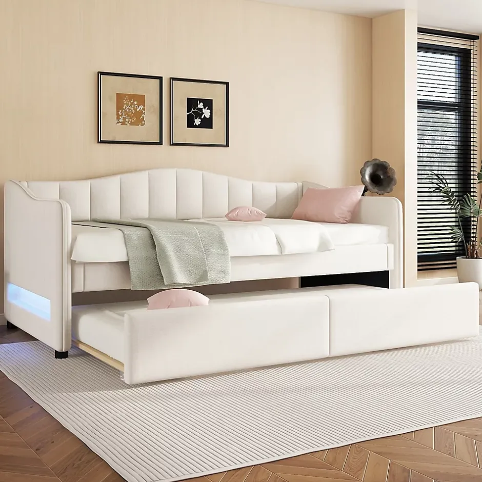 Okwish Lit gigogne 90x200 cm - Lit simple avec lit tiroir et sommier à lattes - Lin + MDF - Sans matelas - Beige Outlet